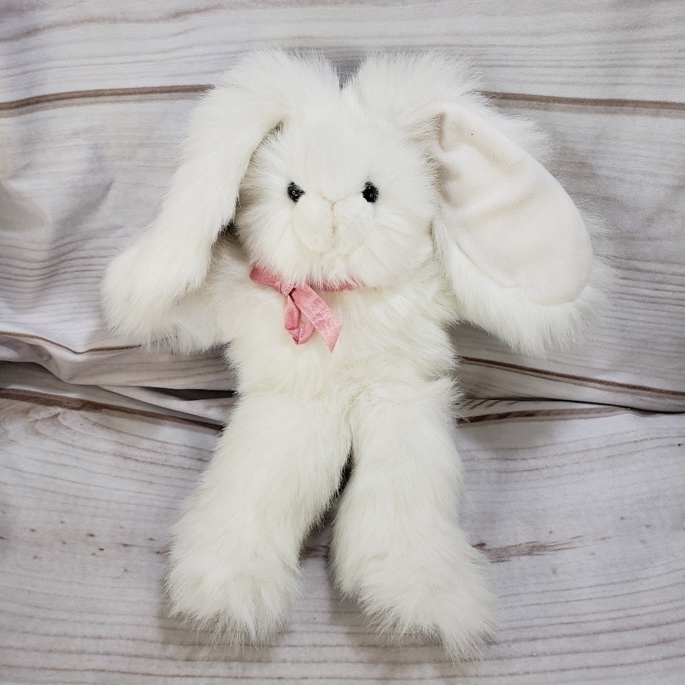 Pier 1 Fluffy White Rabbit Pink Bow Plush Stuffed Animal 12 Inch
